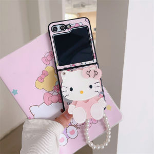 เคสโทรศัพท์มือถือหนัง Kitty Cat Flip Cover ป้องกันการตกหล่น กระจกสำหรับแต่งหน้า ชาร์จไฟแบบอัตโนมัติ สำหรับ Samsung ZFlip7 ZFlip6 ZFlip4 Flip3