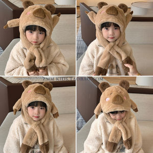 Interactive Hat Scarf Set for Boys Cute Plush No-Brim Round-Topped Hat Scarf One-Piece Design Moving Ear 2024 New Autumn Winter Style