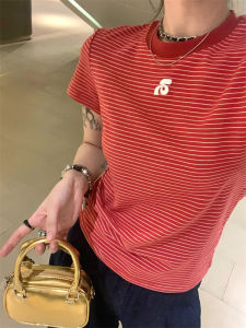SHAXU | Vintage Style Red Stripe Short Sleeve T-shirt for Women