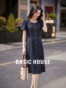 Basic House | Retro Blue Summer Short Sleeve Straight Cut Square Neck T-shirt Dress