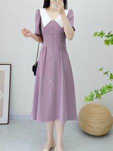 Summer New Womens High Waist Midi Skirt Dress Slimming Large Size French Style Chiffon Dress Artistic Commute Polyester Fiber