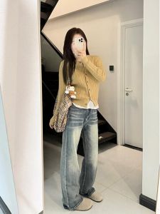 Extended High Waist Straight Leg Jeans Womens Slim Fit Long Tube Pants Spring Autumn High Rise Straight Cut Blue Denim Jeans