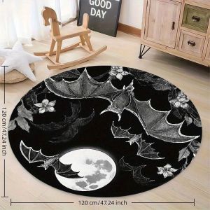 VIKAMA Gothic Bat Full Moon Round Rug Dark Aesthetic Non Slip Living Room Halloween Carpet Decor