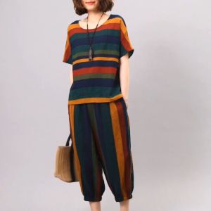 3 Days Delivery Vanai 2pcs Set Women Clothes Fashion Loose Casual Stripe Suit Korean Retro Short Sleeve T Shirt + Wide Leg Cropped Pants 2 Piece Set Women Outfit