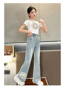 Xuân Thu Phong Cách Trung Hoa Rộng Rời Quần Jean Trẻ Em Cho Bé Gái 2024 Thiết Kế Mới Giữa Eo Dây Cao Su Thẳng Quần Ống Rộng