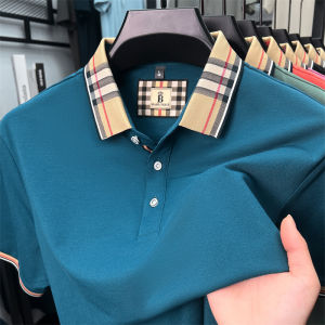 High end silky cotton breathable short sleeve polo shirt mens summer new trend plaid lapel designer brand casual golf T-shirt