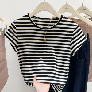 Slim Fit Womens Short Sleeve T-Shirt Striped Trendy Short Style Summer Fashionable Korean Version Cotton Polyester Blend