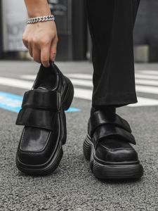 Trendy Dad Shoes Casual Leather Shoes Thick Bottom Breathable Mesh Lining Magic Tape Bread Shoe British Style Spring Autumn