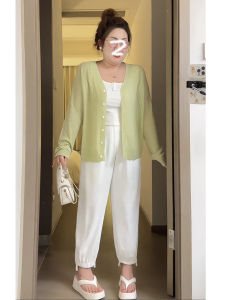 plus Size Womens Pure Color Ice Silk Thin Knitted Cardigan Summer Outerwear Slimming Stylish Top Long Sleeve Commute Style