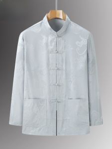 Fazeya Silk Long Sleeve Mens Tang Suit Grandpa Style Summer Casual Wear True Silk Shirt Elderly Comfortable Breathable