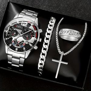 Elegant Large Dial Mens Watch Fashionable Steel Band Calendar Business Watch Fathers Day Gift High End Casual Quartz Movement