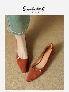 รองเท้าส้นเตี้ย ULOVAZN สไตล์ฝรั่งเศสสีแดงสง่างามสำหรับผู้หญิง ทรงหัวแหลม ทรงหัวมน พื้นรองเท้า PU สวมใส่สบาย