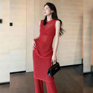 DANTING | Design Sensibility Red Knit Top and Wide Leg Pants Set