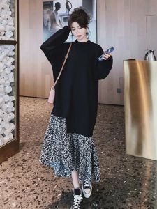 Plus Size Womens Clothing 150.00kg False Two-Piece Patchwork Sweater Dress Plus Size Ladies Spring & Fall Loose Slim Fit Slimming Dress Trendy 2