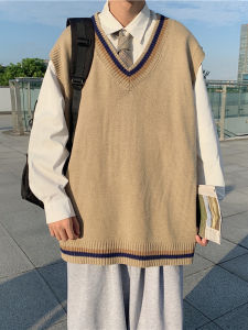Sleeveless V-neck Knitted Vest Mens Spring and Autumn Outerwear Vest Ins Harajuku Style Contrast Color Japanese Style Couple Retro Sweater
