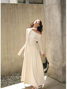 Váy Dài Xếp Ly Pure Desire Hot Bé Gái Mê Kinh Váy Dài Mùa Xuân Thu Lười Biếng Eo Dài Cho Nữ Váy Midi Cổ Chữ a Dài Tay