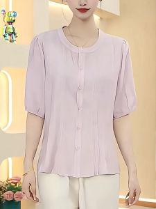QINGNAER | Light Pink Slim Single Button Round Neck Short Sleeve Shirt Large Womens Wear
