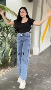 Celana Jeans Kulot Highwaist Varian Pinggang Skoder Kulot Jeans Model Terbaru Warna Snow Black