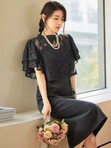 Elegant Lace Dress Set Womens Mid-Length Skirt And Dress Two-Piece Summer Outfit Polyester Fiber Short Sleeve round Neck