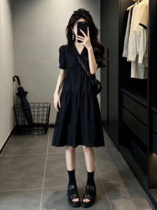 LIRUSHAN | French Hepburn Style Slimming V-Neck Summer Black Maxi Dress