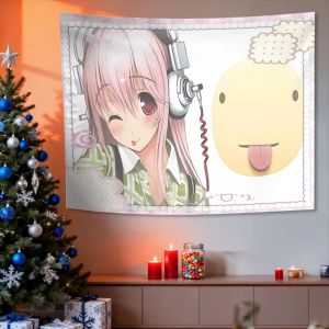 VIKAMA Anime Dễ Thương 2D Nháy Mắt Cô Gái Thảm Hoạt Hình Biểu Tượng Cảm Xúc In Treo Tường Polyester Mềm Trang Trí Nhà Cho Phòng Ngủ Phòng Khách