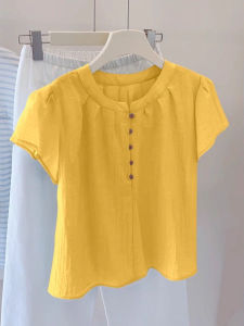 Pure Color Single Button Short Sleeve Shirt Womens Summer Small Flying Sleeve Shirt 2025 New Korean Style Anti-Aging Top