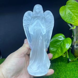 Hand Carved Guardian Angel Figurine Natural White Selenite Raw Crystals Gypsum Crystal Healing Stone for Home Decor DIY Gif
