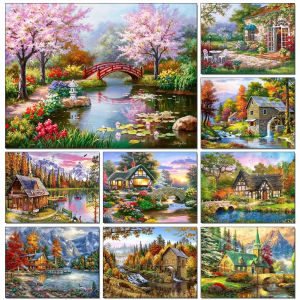 5D DIY Vintage Countryside Scenery Diamond Painting Wooden Cabin Watermill Cherry Blossom Mountain River Wall Art Gift