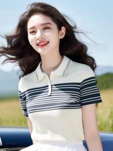 Summer New Style Beautiful Age-Defying Polo Shirt Womens Design High-End Short-Sleeve T-Shirt Fashionable Striped Pattern