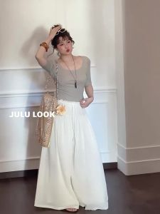 JULULOOK | Plus Size Comfortable Drawstring Lace Waist Flare Skirt Pant