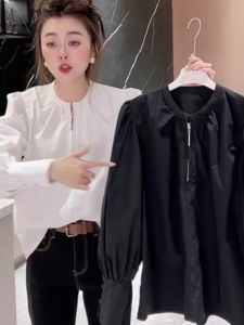 plus Size Womens Shirt Loose Fit Belly Covering Slimming Meat Concealing Korean Style Cotton Polyester Long Sleeve round Neck