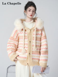 La Chapelle | Lanigan Stripe Fur Collar Hooded Womens Knit Cardigan