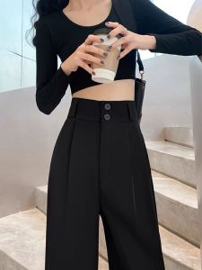 Black Womens Suit Wide Leg Pants Draping Thin Straight Casual Long Trousers High Waist Workwear Professional Loose Fit