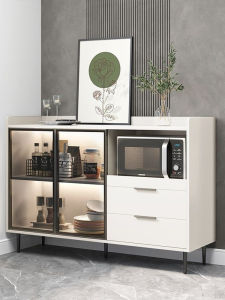 Creamy Style Solid Wood Floor-standing Kitchen Cabinet against Wall Microwave Oven Oven Storage Cabinet Tea Water Cabinet