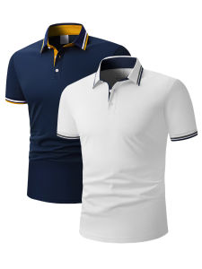 2pcs Mens Short-Sleeve Shirts with Contrast Collars - Lightweight Polyester Pastel Blue & Pink Turn- Collar Button Closure