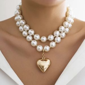 2Pcs Elegant Goth Imitation Pearl Beads Chain Necklace for Women Vintage Love Heart Pendant Choker Y2K Jewelry Wed Accessories