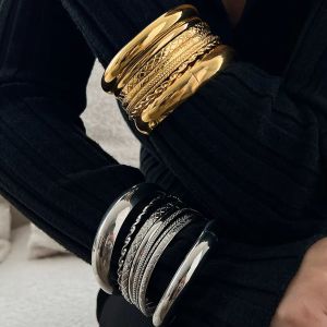 Ingemark 8Pcs/Set Punk Arc Smooth Surface Bangles Women Trendy Irregular Metal Stacking Texture Banglet Steampunk Jewelry Gift