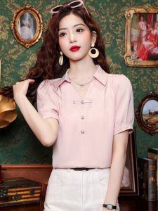 Light National Style Buckle Chiffon Shirt Womens Summer Temperament Commute Polo Collar Shirt Drape Satin Short Sleeve Tops Tide