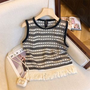 Counter Withdraw Big Brand Cut Label Retro Crochet Cut Out Knitting Vest Female Summer New Contrast Color Tassel Sleeveless Tops