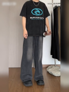 Korean JEANS กางเกงยีนส์ขายาว ทรงกระบอกใหญ่ สีฟอกสนิม