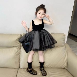 Girls Black Swan Puffy Sleeve Dress Hepburn Style Pure Color Summer Princess Vest Skirt Childrens Clothing Kids Dresses