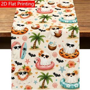 VIKAMA Halloween Table Runner Summer Beach Ghost Palm Tree Flamingo Float for Dining Table Home Holiday Party Decor