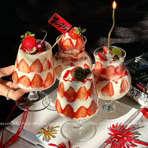 Romantic Strawberry High Foot Glass Cup Ins Style Wine Red Cup Dessert Cream Fruit Juice Cup Transparent round Shape for Everyone
