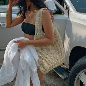 กระเป๋าถือสานสำหรับผู้หญิง กระเป๋ากระเป๋าสะพายไหล่สไตล์โบฮีเมียนความจุมากใส่ฤดูร้อนกระเป๋าเดินทางของผู้หญิง