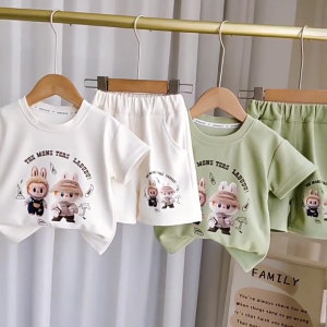 Sweetkids Boys Summer Shirt Suit Kids Fashion Suits Korean style Casual Cartoon prints Waffle Fabric Comfortable to Wear For 3-14Y