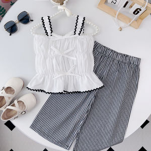 Bear Leader Korean Style Baby Girls Casual Clothing Sets 2023 New Summer Pleated Bow Strap Vest Tops + Plaid Pants 2pcs Suits for 3-7 Years Kids Fashion Clothes