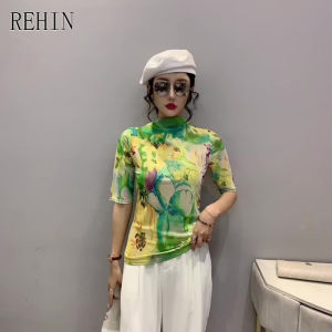 REHIN เสื้อสตรีครึ่งคอสูงตาข่ายแขนสั้นเสื้อบางและบางสง่างามเสื้อ