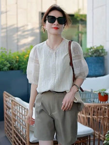 Lace Chiffon Short Sleeve Blouse with Puffed Sleeves