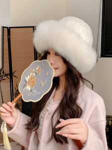 Elegant Chinese Style Fur Hat Womens Fisherman Cap Autumn Winter Rabbit Fox Fur Edged Warm Pot Hat Soft Comfortable Leather