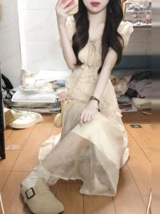 BeautyMark | French Style Womens Dress Waist-Cinched Long Summer Unique Beautiful A-Line Skirt Standard Fit Casual V-Neck Short Sleeve